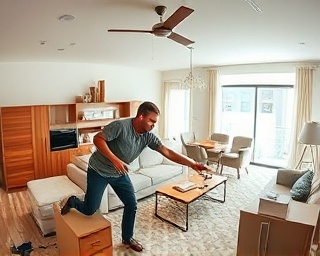 dynamic home renovation worker, energetic, assembling furniture, photorealistic, bright open-concept living area, highly detailed, moving parts captured mid-motion, precision, overhead natural light, shot with a fisheye lens.