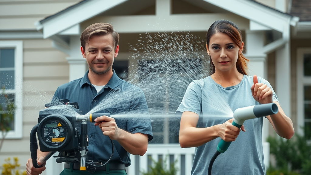 Detailed comparison of house washing techniques, pressure washing equipment on the left, soft washing tools on right, demonstration in progress, Photorealistic High Fidelity Lifelike, contemporary residential setting, pressure washing service comparison, highly detailed, water spray in motion, metallic blue and white tones, ambient daylight, 50mm lens