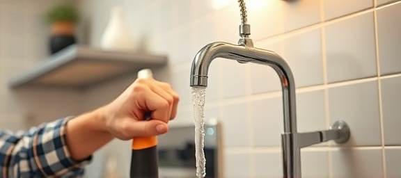 efficient home repairs expert, determined, fixing leaking faucet, photorealistic, well-lit modern kitchen, highly detailed, water droplets in motion, precision, ambient lighting, shot with a wide-angle lens.