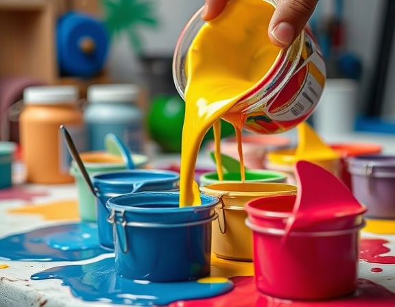 inventive painting colors, creative, pouring paint into containers, photorealistic, workshop with ambient sound of music, highly detailed, paint spills, vivid sharpness, mix of cool and warm colors, balanced lighting, shot with a 85mm lens.