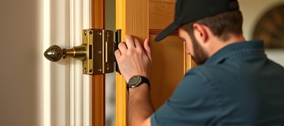 skilled home upkeep manager, attentive, tightening loose door hinges, photorealistic, traditional hallway corner, highly detailed, screws and hinges glinting, focus, warm lighting, shot with a telephoto lens.