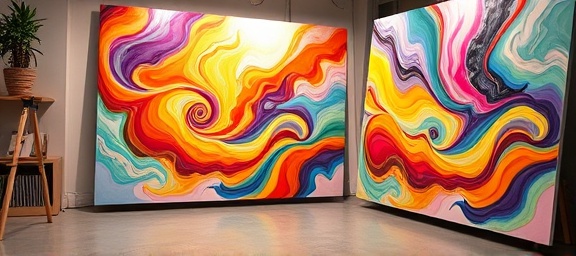 dynamic painting colors, exuberant, mixing hues on a palette, photorealistic, art studio with large pieces of artwork, highly detailed, color swirls, sharp focus, pastel and bold colors, ambient lighting, shot with a wide-angle lens.