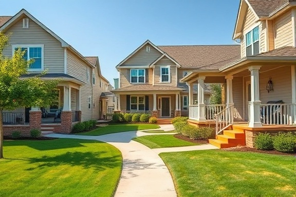 vibrant painting exterior, lively, restoring outdoor facade, photorealistic, suburban neighborhood with neatly kept lawns, highly detailed, architectural features, fine grain texture, warm neutral colors, sunny day, shot with a 24mm lens.