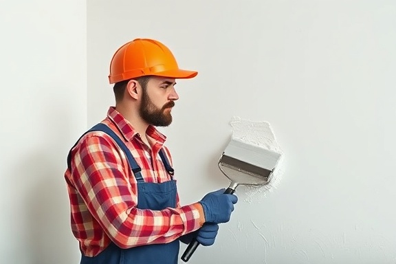 dedicated facility maintainer, precise, repainting wall in need of upkeep, photorealistic, minimalist home office background, highly detailed, paint strokes forming a pattern, vividness, balanced daylight, shot with a 35mm lens.
