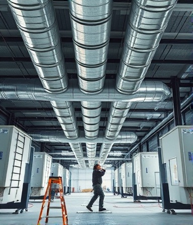 modern ductwork cooling, skilled laborer working, installing duct systems, photorealistic, industrial warehouse with ladders and cables, highly detailed, scattered materials, precise execution, cool grays, fluorescent lighting, shot with a wide-angle lens.