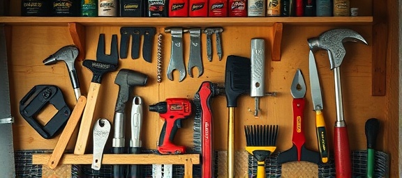 busy maintenance tools set, arranged, ready for use in home upkeep, photorealistic, tool-shed scene with wooden shelves, highly detailed, sawdust particles in the air, texture, diffused sunlight, shot with a 24mm lens.