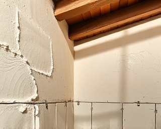 mindful infrastructure repair specialist, careful, filling wall cracks, photorealistic, rustic cottage interior with wooden beams, highly detailed, plaster forming patterns, clarity, warm spot lighting, shot with a macro lens.