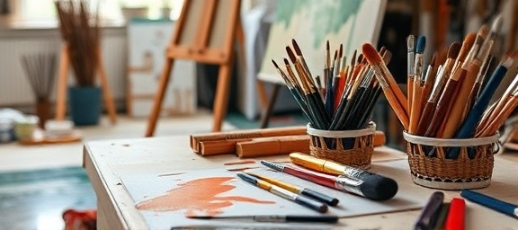 organized painting tools, focused, arranging brushes on a table, photorealistic, artist's studio with an easel and canvas, highly detailed, paint smudges on the floor, high definition, rich colors, diffused lighting, shot with a macro lens.