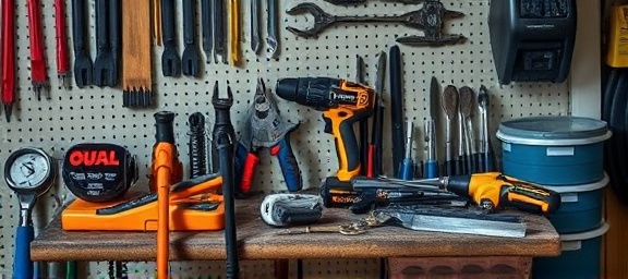complete home maintenance toolkit, comprehensive, showcasing diverse repair tools, photorealistic, garage workbench setting, highly detailed, shadows playing over tool surfaces, contrast, focused artificial light, shot with a standard zoom lens.