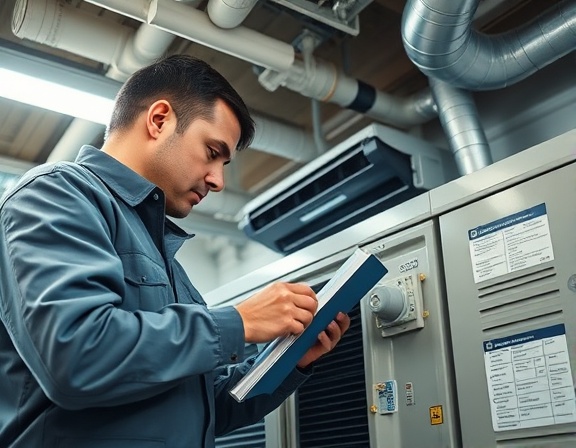 thorough ac maintenance, professional inspection, adjusting system parts, photorealistic, in a commercial building's mechanical room with pipes and vents, highly detailed, visible maintenance checklist, crisp detail, neutral tones, ambient lighting, shot with a 70-200mm lens.