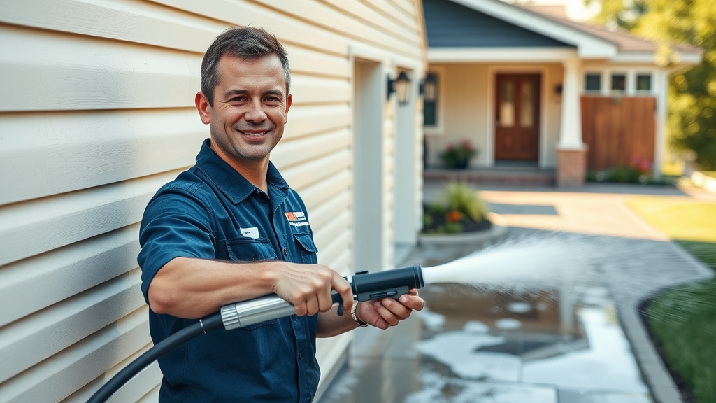 Professional house washing technician, confident, focused, operating modern soft wash equipment on house siding, house wash pricing south charlotte nc, clean driveway and garden, photorealistic high fidelity, blue and white uniforms, daylight, 35mm prime lens