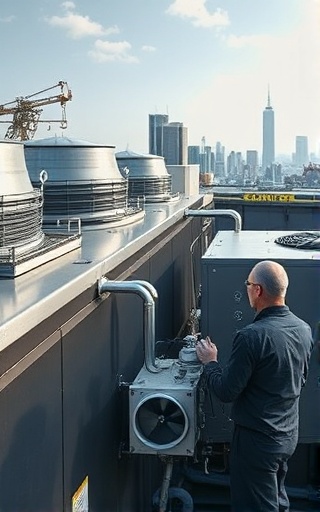 efficient cooling units, technician calibrating, monitoring temperature, photorealistic, rooftop setting with cityscape in the background, highly detailed, cooling towers and gauges, metallic sheen, subtle lighting, shot with an ultra-wide lens.