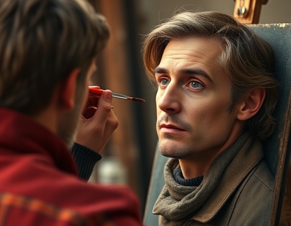 meticulous painting process, precise, touching up a portrait, photorealistic, studio space with an artist at an easel, highly detailed, subtle brush strokes, fine details, earthy tones, moderate glow, shot with a 50mm lens.
