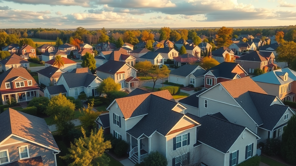 South Charlotte neighborhood aerial view, various houses, exterior cleanliness, Cinematic, sunny, highly detailed roofs and siding types, house wash pricing south charlotte nc, soft clouds, gentle shadows, natural colors, golden hour, shot with drone lens