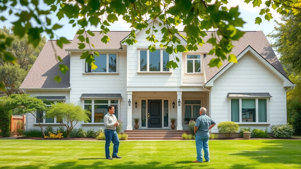Modern suburban house exterior, sparkling clean, subtly proud homeowners admiring, Photorealistic High Fidelity Lifelike, house wash pricing south charlotte nc, lush green landscaped background, highly detailed, gentle wind moving tree leaves, vibrant colors, natural daylight, wide-angle camera lens