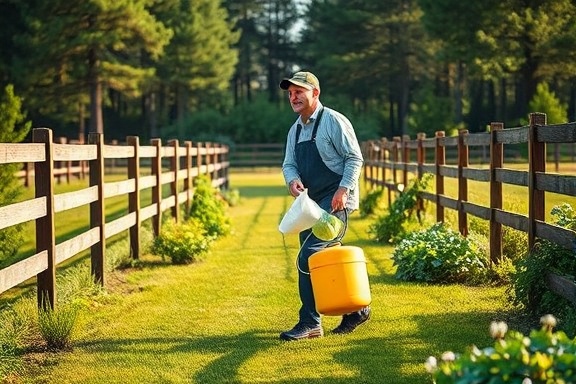 focused lawncare fertilizing specialist, thoughtful demeanor, spreading fertilizer, photorealistic, rural farm garden surrounded by wooden fences and tall trees, highly detailed, fertilizer dust in the air, crystal clear, varied greens, early afternoon sun, shot with a 70mm lens.
