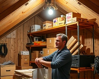 innovative home improvement technician, creative, crafting a custom shelf, photorealistic, attic space cluttered with boxes, highly detailed, sawdust catching light, definition, dramatic side lighting, shot with a prime lens.
