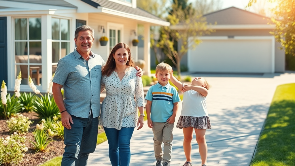 Happy family standing near spotless house, sparkling windows and shining driveway, curb appeal, photorealistic spring garden, house wash pricing south charlotte nc, sunlight glinting off clean surfaces, highly detailed, pastel colors, 24mm lens