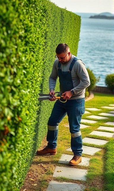 skilled lawncare trimming expert, meticulous expression, trimming hedges, photorealistic, coastal garden with sea view and stone pathway, highly detailed, hedge leaves falling, deep depth of field, vibrant colors, soft morning light, shot with a 35mm lens.