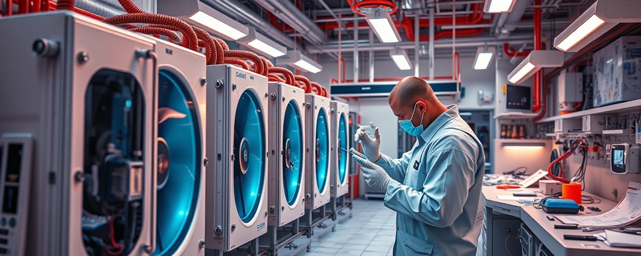 innovative cooling units, technician innovating, replacing components, photorealistic, lab environment with experimental setups, highly detailed, scattered blueprints and tools, futuristic design, vivid colors, bright artificial lighting, shot with a 35mm lens.