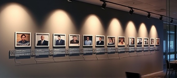 historical company timeline, captivating, marking key events, photorealistic, a timeline wall in the office with highlighted years and achievements, highly detailed, shadows cast by frames, rich colors, spotlights shining, shot with a telephoto lens.