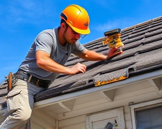 robust home check-up operator, systematic, inspecting roof shingles, photorealistic, sunny day with blue skies, highly detailed, shadows of leaves on roof tiles, texture, direct sunlight, shot with a 50mm lens.