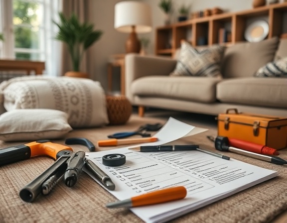 organized maintenance checklist, methodical, laying out tools for home repairs, photorealistic, cozy living room interior, highly detailed, papers gently flipping in breeze, clarity, soft indoor lighting, shot with a macro lens.