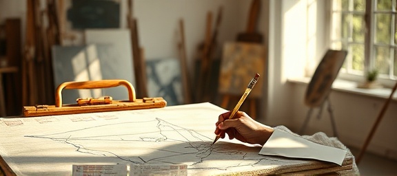 dedicated painting process, contemplative, sketching outlines on canvas, photorealistic, modern art studio with natural light pouring in, highly detailed, pencil shavings, detailed textures, muted colors, soft sunlight, shot with a 35mm lens.