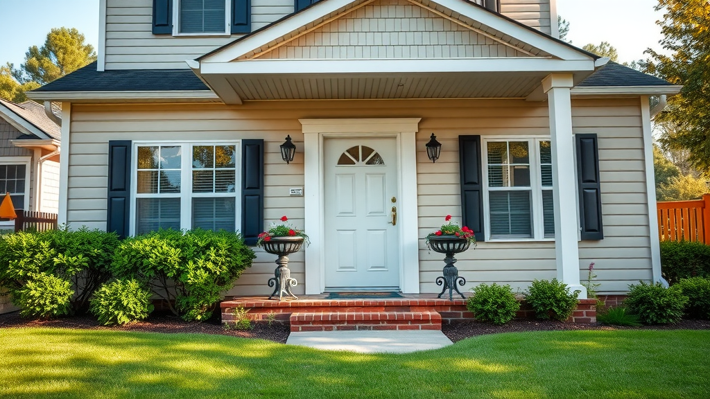 Vibrant suburban home exterior in South Charlotte NC, sparkling after professional house washing, lush neighborhood and manicured lawns, water droplets glistening on siding, natural sunlight