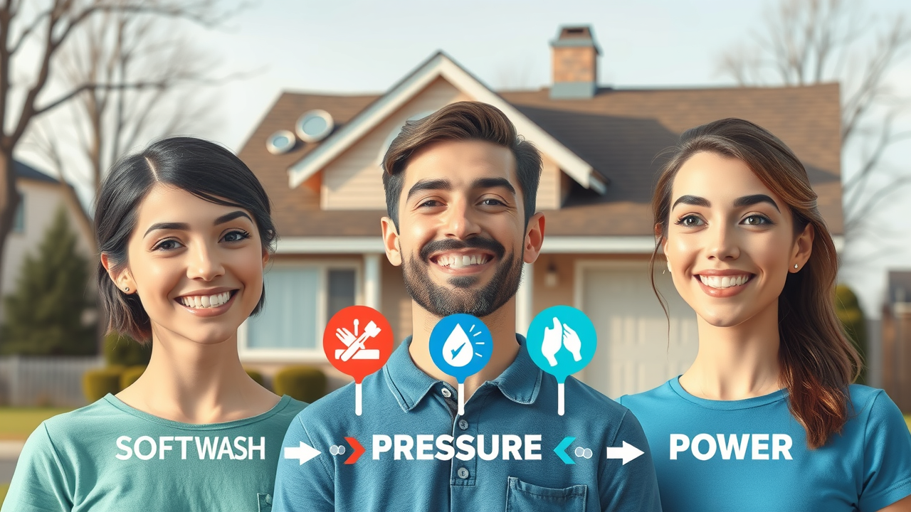Infographic comparing soft wash, power wash, and pressure wash for South Charlotte house washing, 2D cartoon with suburban home and method icons