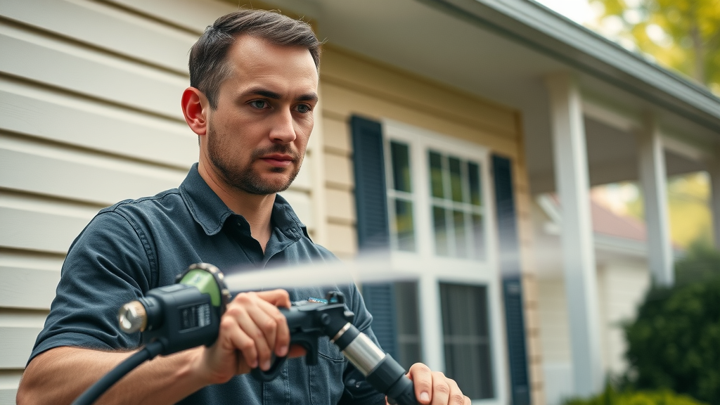 Professional house washing technicians cleaning vinyl siding with modern equipment in South Charlotte NC, high-pressure mist visible