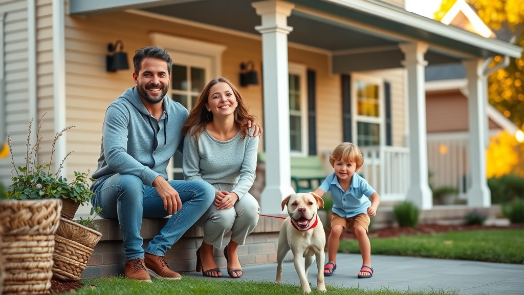 Happy family on their South Charlotte NC front porch after house washing, clean exterior and playing children