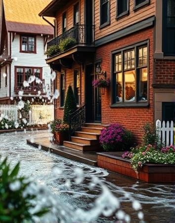 victorian house facade, being pressure washed, dynamic water streams, photorealistic, small town charm with cobblestone paths and blooming gardens, highly detailed, swirling water and foam, intricate craftsmanship visible, muted reds and browns, golden hour lighting, shot with an 85mm portrait lens