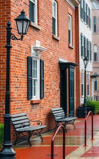 classic brick house exterior, recently pressure washed, refreshed, photorealistic, historical district with lamp posts and park benches, highly detailed, contrast between wet and dry surfaces, warm brick reds and cool grays, diffused afternoon light, shot with a 100mm macro lens