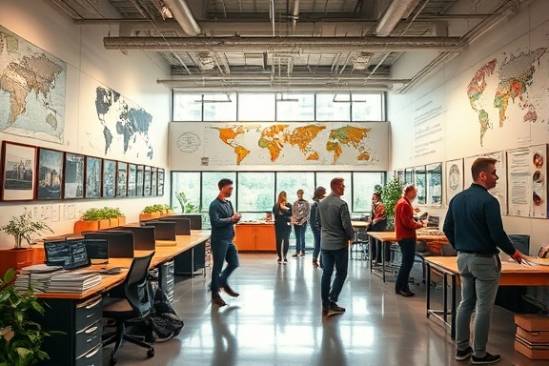 nostalgic company journey, inspirational, illustrating significant milestones, photorealistic, an open office space with historical photos and maps on walls, highly detailed, employees interacting, vivid colors, balanced natural lighting, shot with a wide-angle lens.
