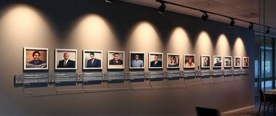historical company timeline, captivating, marking key events, photorealistic, a timeline wall in the office with highlighted years and achievements, highly detailed, shadows cast by frames, rich colors, spotlights shining, shot with a telephoto lens.