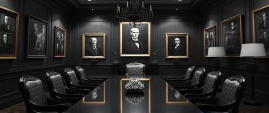 proud company heritage, dignified, reflecting on past and future, photorealistic, a boardroom with portraits of founders and antique furniture, highly detailed, quiet ambiance, black-and-white tones, dramatic lighting, shot with a tilt-shift lens.