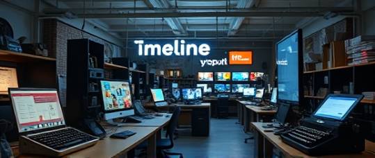 evolving company timeline, dynamic, showing progression and innovation, photorealistic, a creative workspace with modern tech intertwined with historical artifacts, highly detailed, glowing screens and old typewriters, contrasting colors, diffused lighting, shot with a standard zoom lens.