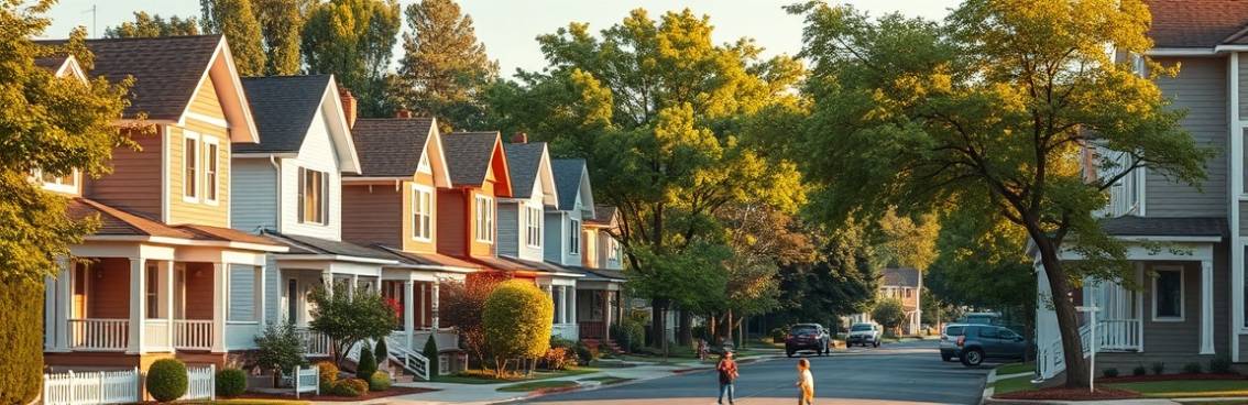 suburban home overview, vibrant, featuring diverse architectural styles, photorealistic, lining a tree-lined avenue, highly detailed, children playing on the street, crisp detailing, pastel hues, golden moment light, shot with a standard zoom lens.